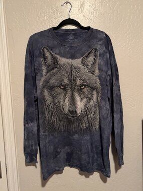 The Mountain Long Sleeve Tie Dye Charcoal Wolf Face T Shirt 2016 Size Mens XL